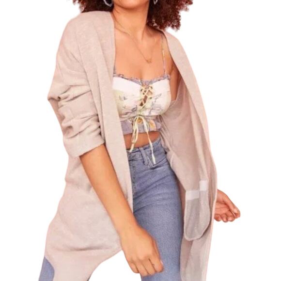 DONNI. Ribbed Knit Open-front Longline Sandwash Cardigan Neutral Women's O/S - Picture 1 of 7